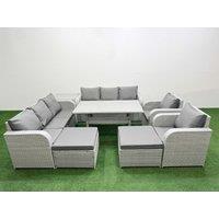 Fimous PE Rattan High Back Lounge Sofa Set Patio Rectangular Dining Table & Chairs Set w/ 3 Seater Sofa Reclining Chair 2 Big Footstool Side Table