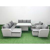 Fimous PE Rattan High Back Lounge Sofa Set Patio Adjustable Lifting Dining or Coffee Table & Chairs Set w/ 3 Seater Sofa Reclining Chair 3 Stools