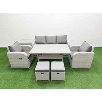 Fimous PE Rattan Garden Furniture Set Reclining Chair Sofa Lounge Sofa Set Rectangular Dining Table Side Table 2 Small Stools Light Grey