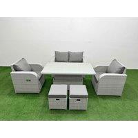 Fimous Light Grey PE Wicker Rattan Garden Furniture Set Sofa Set Reclining Chair Adjustable Lifting Dining or Coffee Table 6 Seater 2 Small Stools