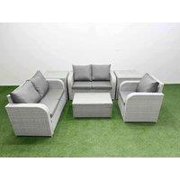 Fimous High Back Poly Rattan Garden Furniture Set w/ Reclining Chair Loveseat Sofa Rectangular Coffee Table Indoor Outdoor Patio Set 2 Side Table