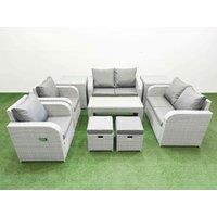 Fimous 8 Seater Outdoor Reclining Chair Love Sofa Set Rattan Garden Furniture Set with Oblong Coffee Table 2 Stools 2 Side Table Light Grey