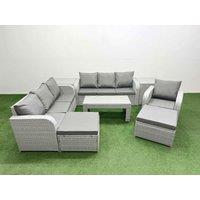 Fimous 9 Seater Poly Rattan Outdoor Garden Furniture Oblong Coffee Table Sofa Set Patio 3 Seater Sofa Reclining Chair 3 Seater Sofa 2 Big Footstools