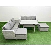 Fimous Outdoor Garden Furniture Sets 8 Seater Wicker Rattan Furniture Sofa Sets w/ Rectangular Dining Table high Back Lounge Sofa 2 Big Footstool