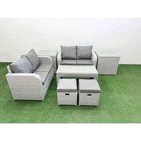 Fimous 6 Seater Outdoor Love Sofa Set Rattan Garden Furniture Set with Oblong Coffee Table 2 Small Stools 2 Side Tables Light Grey