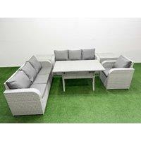 Fimous 7 Seater Poly Rattan Outdoor Garden Furniture Rectangular Dining Table Sofa Set Patio 3 Seater Sofa Reclining Chair 3 Seater Sofa 2 Side Table