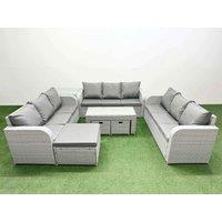 Fimous PE Rattan Lounge Sofa Set 12 Seater Outdoor Garden Furniture Set with Oblong Coffee Table 3 Seater Sofa 3 Stools Side Table Light Grey