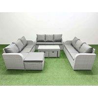Fimous PE Rattan Lounge Sofa Set 12 Seater Outdoor Garden Furniture Set with Oblong Coffee Table 3 Seater Sofa 3 Stools Light Grey