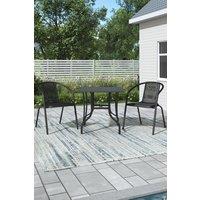 Square Metal Slatted Outdoor Patio Coffee Table with 2 Rattan Chairs