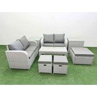 Fimous 7 Seater Outdoor Love Sofa Set Rattan Garden Furniture Set with Oblong Coffee Table 3 Footstool 2 Side Tables Light Grey