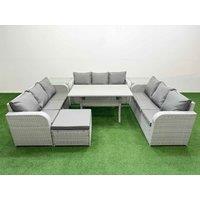 Fimous PE Rattan Lounge Sofa Set 10 Seater Outdoor Garden Furniture Set w/ Rectangular Dining Table 3 Seater Sofa Big Footstool 2 Side Table Light
