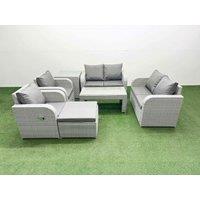 Fimous 7 Seater Outdoor Reclining Chair Love Sofa Set Rattan Garden Furniture Set with Oblong Coffee Table Footstool Side Table Light Grey
