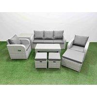 Fimous PE Rattan Garden Furniture Set Reclining Chair Sofa Lounge Sofa Set Rectangular Coffee Table Side Table 3 Stools Light Grey
