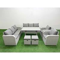 Fimous PE Rattan High Back Lounge Sofa Set Patio Rectangular Dining Table & Chairs Set with 3 Seater Sofa Reclining Chair Stools Side Table Light Grey