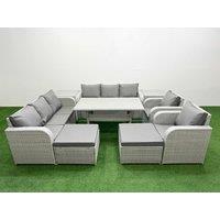 Fimous PE Rattan High Back Lounge Sofa Set Patio Rectangular Dining Table & Chairs Set w/ 3 Seater Sofa Reclining Chair 2 Big Footstool 2 Side Table