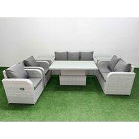 Fimous PE Rattan Garden Furniture Set Reclining Chair Sofa Double Love Seat 2 Seater Sofa Lounge Set Adjustable Lifting Dining or Coffee Table 2 Side