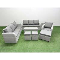 Fimous 10 Seater Poly Rattan Outdoor Garden Furniture Oblong Coffee Table Sofa Set Patio 3 Seater Sofa Reclining Chair 3 Seater Sofa 3 Stools 2 Side