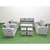 Fimous PE Rattan Garden Furniture Set Adjustable Chair Sofa Double Love Seat 2 Seater Sofa Lounge Set Rectangular Coffee Table 2 Stools Light Grey