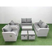 Fimous 8 Seater Outdoor Reclining Chair Love Sofa Set Rattan Garden Furniture Set with Rectangular Coffee Table 2 Stools Light Grey