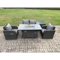 Fimous Rattan Outdoor Garden Furniture Set Gas Fire Pit Dining Table with Side Table Chair Loveseat Sofa in Dark Grey