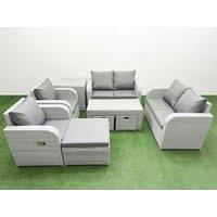 Fimous 9 Seater Outdoor Reclining Chair Love Sofa Set Rattan Garden Furniture Set with Oblong Coffee Table 3 Stools Side Table Light Grey