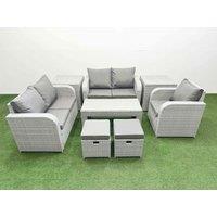 Fimous High Back Poly Rattan Garden Furniture Set w/ Reclining Chair Loveseat Sofa Oblong Coffee Table Indoor Outdoor Patio Set 2 Stool 2 Side Table