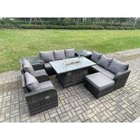 Fimous Wicker Rattan Garden Furniture Set Gas Fire Pit Dining Table Indoor Outdoor with 2 Side Tables Chair Loveseat Sofa Big Footstool in Dark Grey