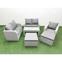 Fimous High Back Poly Rattan Garden Furniture Set w/ Reclining Chair Loveseat Sofa Oblong Coffee Table Indoor Outdoor Patio Set 2 Big Stool Light Grey