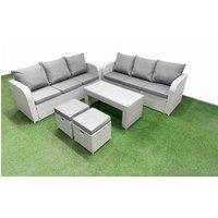 Fimous Outdoor Garden Furniture Sets 8 Seater Wicker Rattan Furniture Sofa Sets with Oblong Coffee Table high Back Lounge Sofa Stools Light Grey