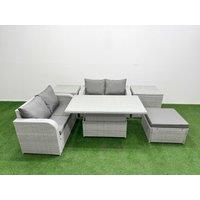 Fimous 5 Seater Outdoor Love Sofa Set Rattan Garden Furniture Set w/ Adjustable Lifting Dining or Coffee Table Big Footstool 2 Side Tables Light Grey