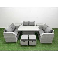 Fimous 8 Seater PE Wicker Rattan Furniture Sofa Sets with Adjustable Lifting Dining or Coffee Table 2 Seater Love Sofa 2 Stool 2 Side Table Light Grey