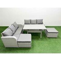 Fimous Outdoor Garden Furniture Sets 8 Seater Wicker Rattan Furniture Sofa Sets w/ Rectangular Dining Table high Back Lounge Sofa 2 Big Footstool
