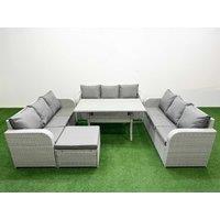 Fimous PE Rattan Lounge Sofa Set 10 Seater Outdoor Garden Furniture Set with Rectangular Dining Table 3 Seater Sofa Big Footstool Light Grey