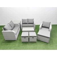 Fimous High Back Poly Rattan Garden Furniture Set w/ Reclining Chair Loveseat Sofa Rectangular Coffee Table Indoor Outdoor Patio Set 3 Stools Side