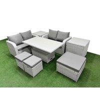 Fimous 7 Seater Outdoor Love Sofa Set Rattan Garden Furniture Set with Adjustable Lifting Dining or Coffee Table 3 Footstool 2 Side Tables Light Grey