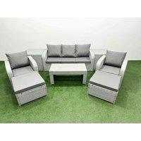 Fimous PE Rattan Garden Furniture Set Reclining Chair Sofa Lounge Sofa Set Rectangular Coffee Table 2 Side Table 2 Big Footstool Light Grey