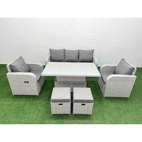 Fimous PE Rattan Garden Furniture Set Reclining Chair Sofa Lounge Sofa Set Adjustable Lifting Dining or Coffee Table 2 Small Stools Light Grey