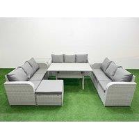 Fimous PE Rattan Lounge Sofa Set 10 Seater Outdoor Garden Furniture Set w/ Rectangular Dining Table 3 Seater Sofa Big Footstool Side Table Light Grey