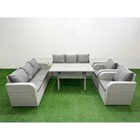 Fimous PE Rattan High Back Lounge Sofa Set Patio Rectangular Dining Table & Chairs Set with 3 Seater Sofa Reclining Chair 2 Side Table Light Grey
