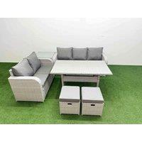 Fimous 7 Seater PE Rattan Wicker Garden Furniture Patio Conservatory Sofa Set w/ Rectangular Dining Table 3 Seater Sofa Love Sofa 2 Stools Side Table