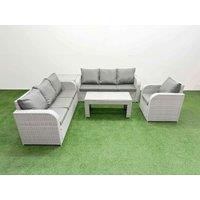 Fimous 7 Seater Poly Rattan Outdoor Garden Furniture Oblong Coffee Table Sofa Set Patio 3 Seater Sofa Reclining Chair 3 Seater Sofa Side Table Light
