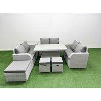 Fimous 9 Seater PE Wicker Rattan Furniture Sofa Sets with Adjustable Lifting Dining or Coffee Table 2 Seater Love Sofa 3 Stool Side Table Light Grey