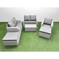 Fimous High Back Poly Rattan Garden Furniture Set w/ Reclining Chair Loveseat Sofa Rectangular Coffee Table Indoor Outdoor Patio Set 2 Big Stool