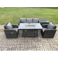 Fimous Outdoor Rattan Garden Furniture Set Propane Gas Fire Pit Table Burner with Lounge Sofa Side Table in Dark Grey