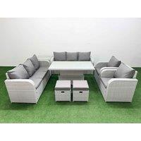 Fimous PE Rattan High Back Lounge Sofa Set Patio Adjustable Lifting Dining or Coffee Table & Chairs Set w/ 3 Seater Sofa Reclining Chair Stools Side