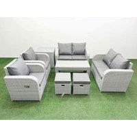 Fimous 8 Seater Outdoor Reclining Chair Love Sofa Set Rattan Garden Furniture Set with Oblong Coffee Table 2 Stools Side Table Light Grey