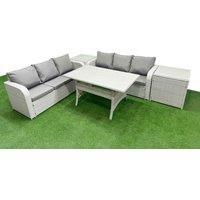 Fimous Outdoor Garden Furniture Sets 6 Seater Wicker Rattan Furniture Sofa Sets w/ Rectangular Dining Table high Back Lounge Sofa 2 Side Table Light