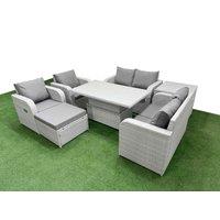 Fimous 7 Seater Outdoor Reclining Chair Love Sofa Set Rattan Garden Furniture Set w/ Adjustable Lifting Dining or Coffee Table Footstool Side Table