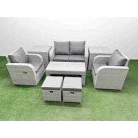 Fimous Light Grey PE Wicker Rattan Garden Furniture Set Sofa Set Reclining Adjustable Chair Oblong Coffee Table 6 Seater 2 Small Stools 2 Side Table