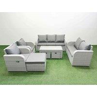 Fimous PE Rattan Garden Furniture Set Adjustable Chair Sofa Double Love Seat 2 Seater Sofa Lounge Set Rectangular Coffee Table 3 Stools Light Grey